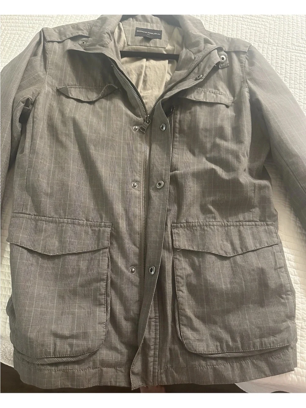 Banana Republic Men’s Military Style Jacket Gray Plaid Pockets Lightweight Sz S